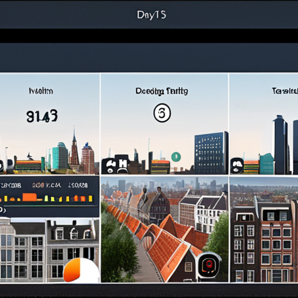 A digital dashboard showing a project's progress with a Dutch cityscape in the background. The progress bars are filling up, and there are icons representing team members working on different tasks. The style should be clean and modern, reflecting Dutch design principles.