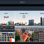 A digital dashboard showing a project's progress with a Dutch cityscape in the background. The progress bars are filling up, and there are icons representing team members working on different tasks. The style should be clean and modern, reflecting Dutch design principles.